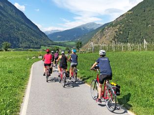 Eine Gruppe von Radfahrern auf schönen Radwegen zwischen Apfelplantagen und Bergen